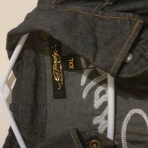 Ed Hardy stitched jean button down shirt